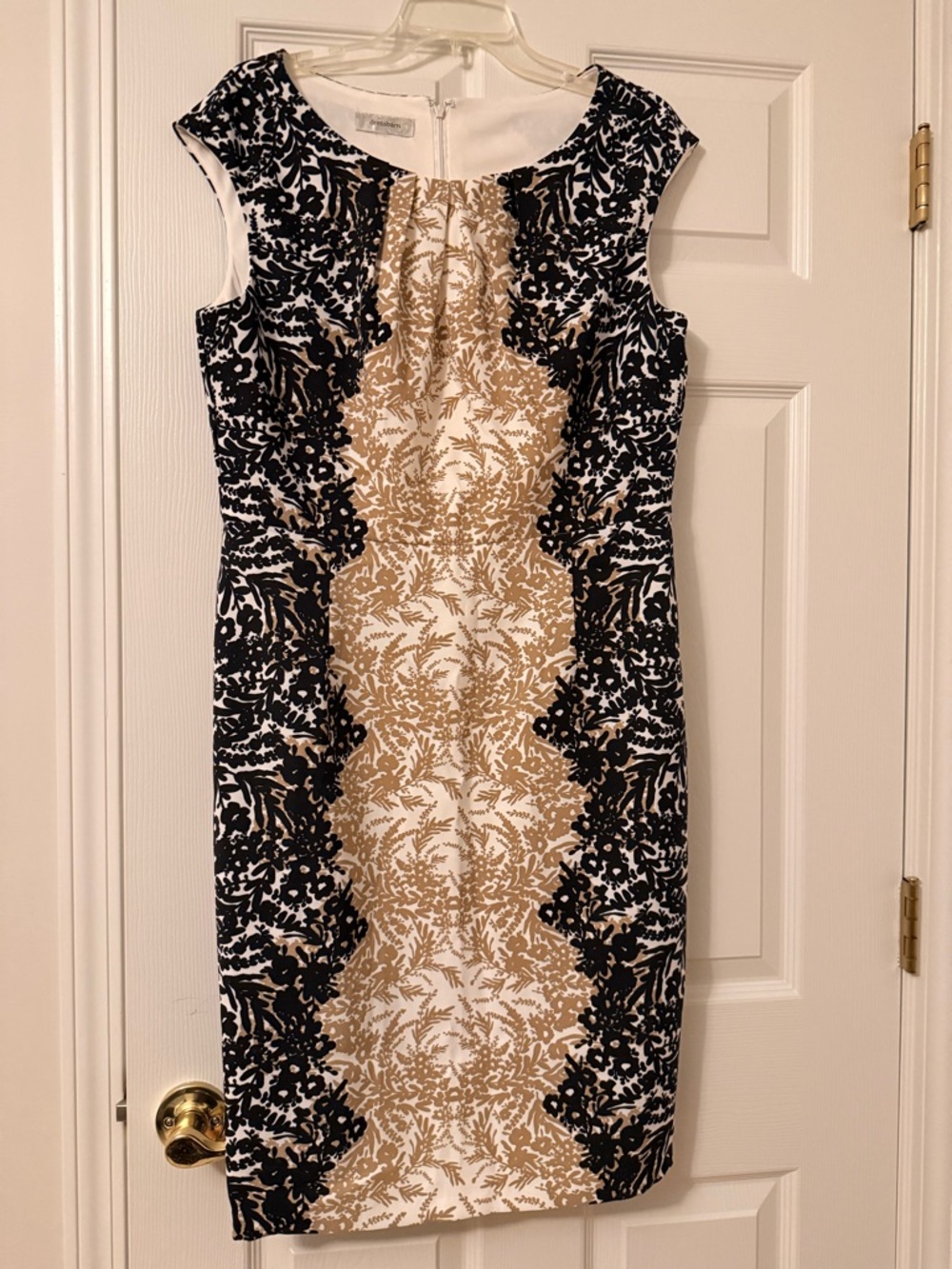 dressbarn Black, White & Gold Patterned Sheath Midi Dress
